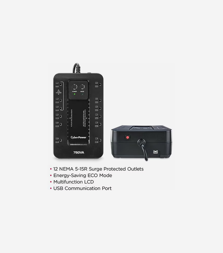 CyberPower UPS Systems EC750G Ecologic - Capacity: 750 VA / 450 W - Compact - 8 Hour Recharge - 2.80 Minute Stand-by - 120 V AC Input - 120 V AC Output - Simulated Sine Wave - USB - 12 x NEMA 5-15R - 6 x Battery/Surge Outlet